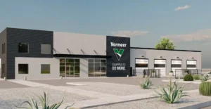 Image of the exterior of Vermeer Moutnain West El Paso, a modern gray and black building with the Vermeer logo on front and four garage doors on right side.